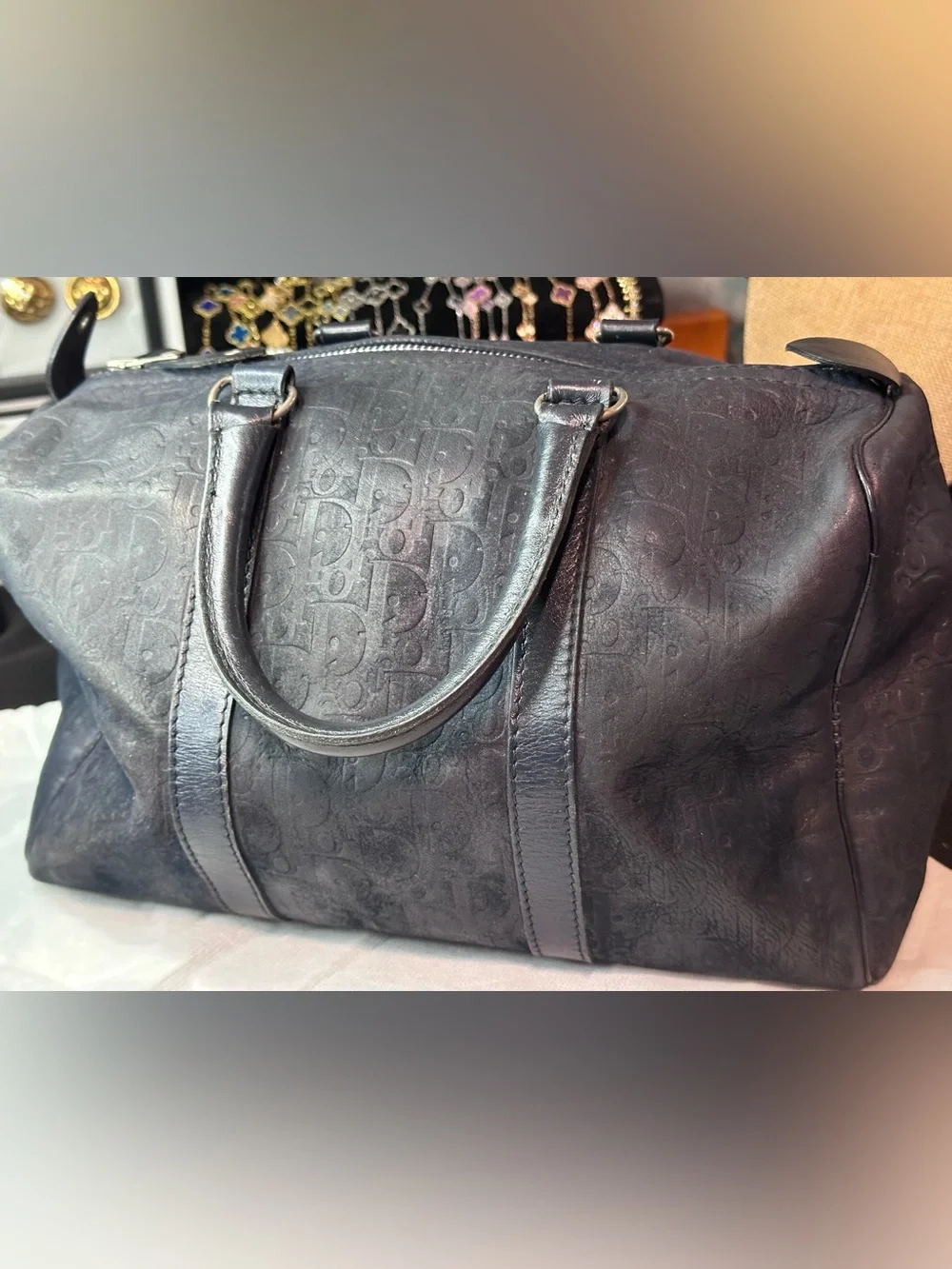 Christian Dior Boston Bag Suede Navy Silver Authentic
